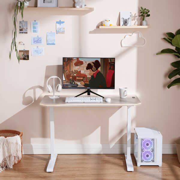 X Rocker Oka Adult Gaming Desk with RGB Lighting, White/Light Wood