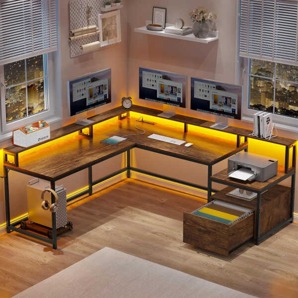 L Shaped Desk with Power Outlet and LED Lights, Corner Computer Desk with File Drawer for Home Office, Gaming Desk, Rustic Brown