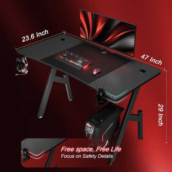 55 Inch Gaming Desk with Carbon Fibre Surface Large Computer Desk Gaming Table Ergonomic Pc Gaming Workstation Home Office Desks