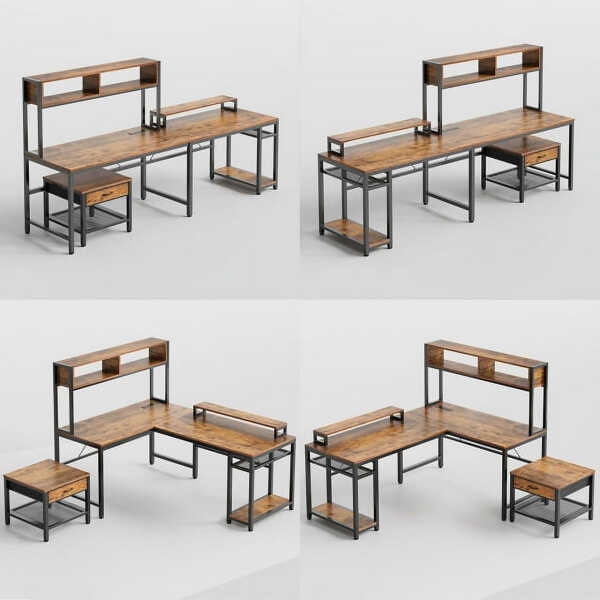 CHITOOMA 67 Inch Reversible L-Shaped Computer Desk Gaming Desk with Power Outlets,USB Ports,LED Strip,Storage Shelves & Monitor