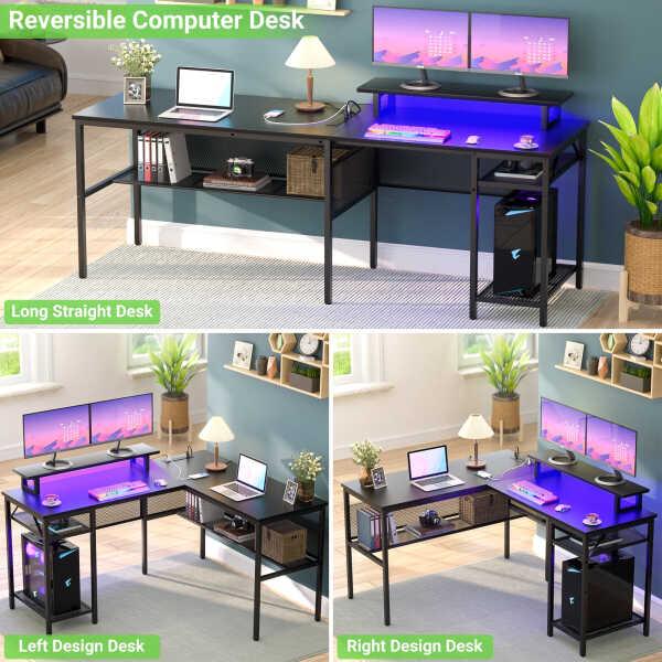 Homieasy L Shaped Computer Desk with Magic Power Outlets and Smart LED Light, Reversible 55 Inch Corner Office Desk with Monitor
