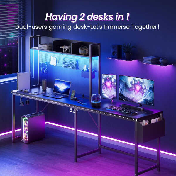 Gaming Desk Computer Desk with Storage, L Shaped Desk with Power Outlet & LED Strip, Office Desk with Pegboard, Corner Deck for