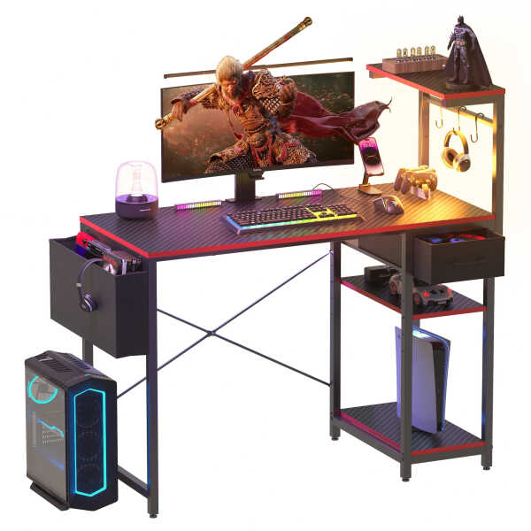 Eunon 44 inch Gaming Computer Desk with LED Lights, Reversible 4 Tier Storage Shelves & Drawer,Pink