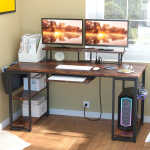 53" Gaming Desk with LED Lights & Power Outlets, Modern Computer Desk with Monitor Stand & Storage Sheves for Home Office, Black