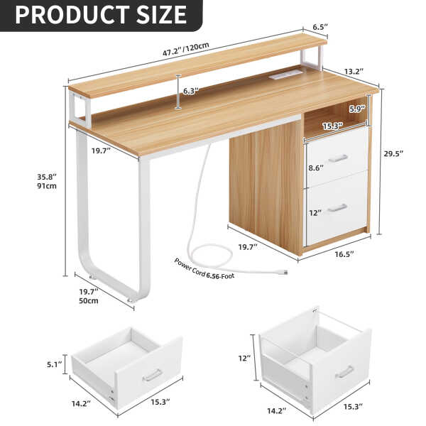Dextrus 47 inch Computer Desk with Storage Drawers & LED Light, Office Desk with Monitor Stand & Power Outlets, Work Study PC