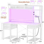 iSunirm Desk with LED Light and Power Outlet, 47.2'' Gaming Desk with Hutch, Reversible Computer Desk with Drawers, and Storage