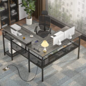 Homieasy L Shaped Computer Desk with Magic Power Outlets and Smart LED Light, Reversible 55 Inch Corner Office Desk with Monitor