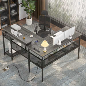 Homieasy L Shaped Computer Desk with Magic Power Outlets and Smart LED Light, Reversible 55 Inch Corner Office Desk with Monitor