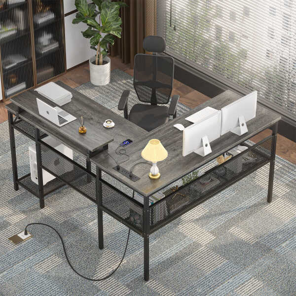 Homieasy L Shaped Computer Desk with Magic Power Outlets and Smart LED Light, Reversible 55 Inch Corner Office Desk with Monitor