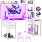 iSunirm Desk with LED Light and Power Outlet, 47.2'' Gaming Desk with Hutch, Reversible Computer Desk with Drawers, and Storage