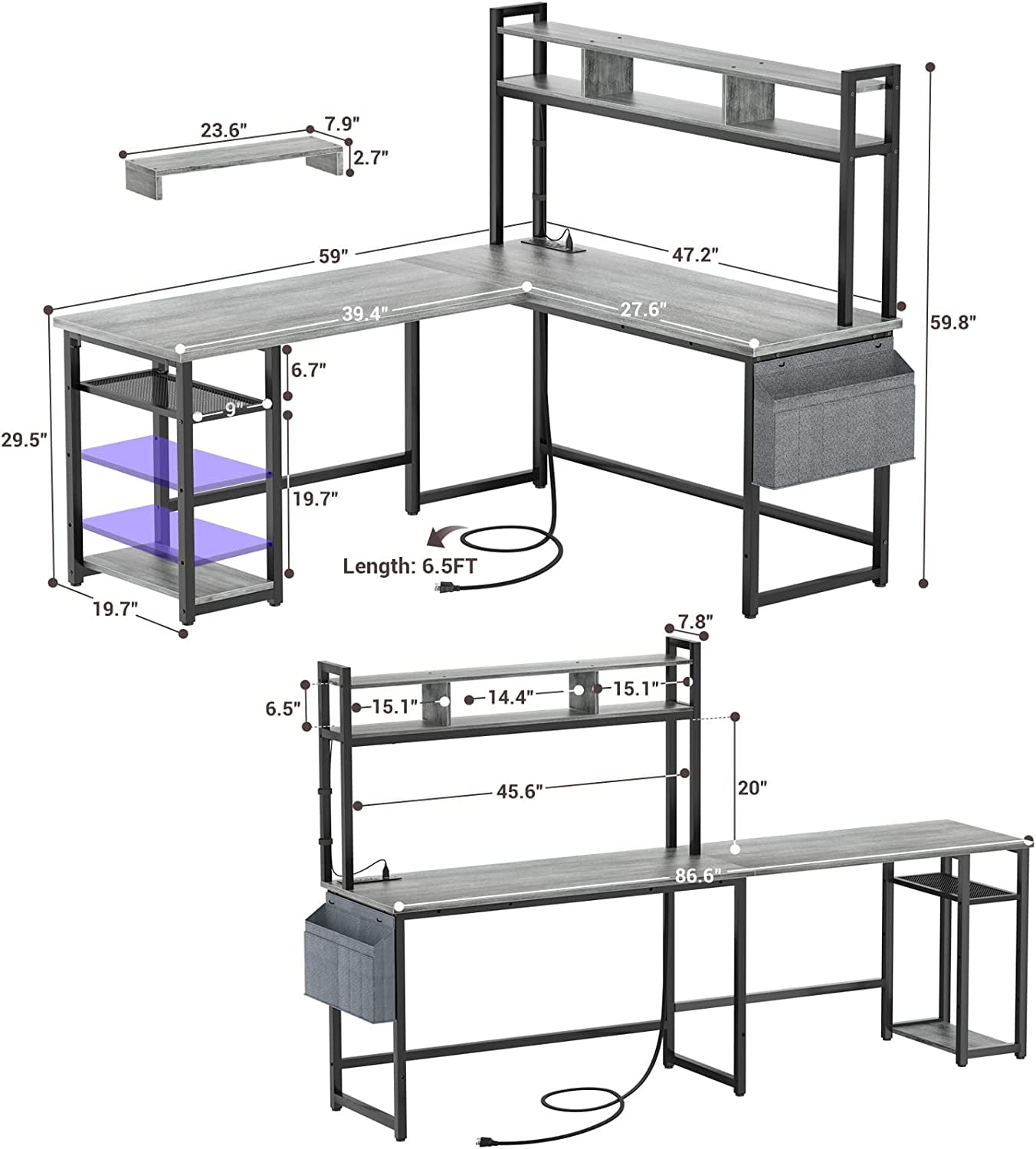Homieasy L Shaped Desk with Power Outlet & USB Ports, 86.6'' Reversible L-Shaped Gaming Desk with Monitor Stand & LED Strip, 2