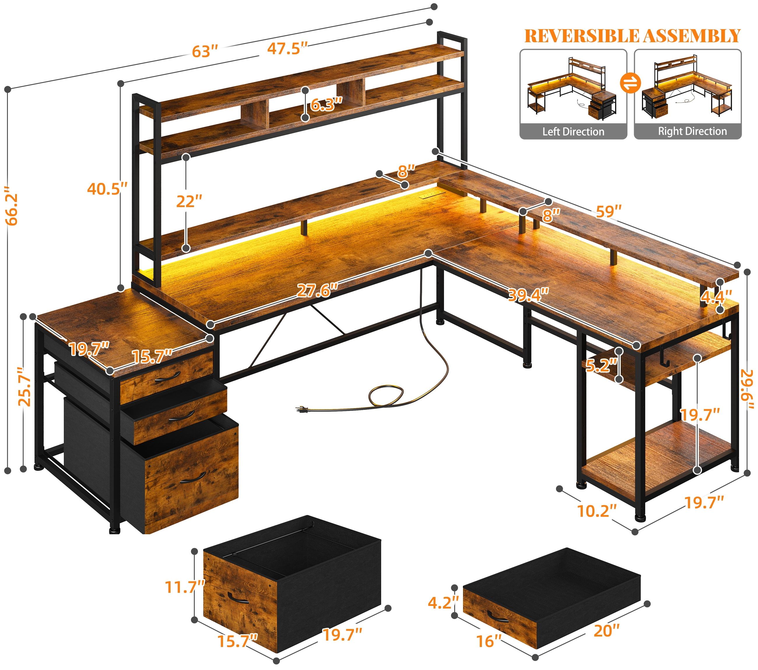 Enhomee L Shaped Desk, Gaming Desks with Power Outlet & LED Light Computer Deskwith Drawers & Storage Shelves Black