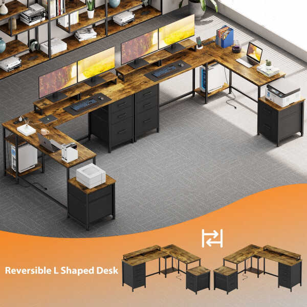 GIKPAL L Shaped Computer Desk, Reversible Gaming Desk with Drawers, Corner Desk with Storage Shelves & Monitor Stand, Home