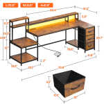 Enhomee 70.9" L Shaped Gaming Desk, Computer Desk with Power Outlet & LED Light, Home Office Desks with Drawers, Black