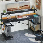 Bestier Gaming Desk with LED Light & Outlets 55" Computer Desk with Monitor Stand, Black Carbon Fiber