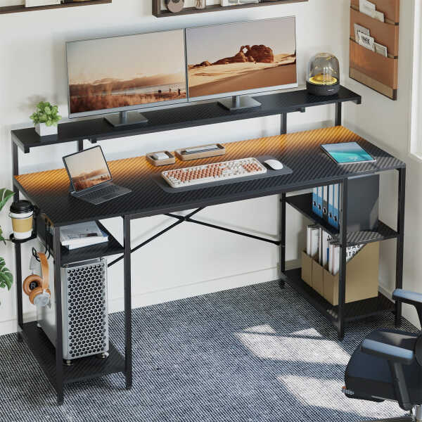 Bestier Gaming Desk with LED Light & Outlets 55" Computer Desk with Monitor Stand, Black Carbon Fiber