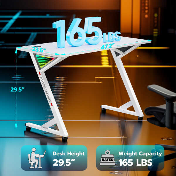 ARES WING 47" Gaming Table with LED Light, Computer Desk for Adult, PC Ergonomic Table White