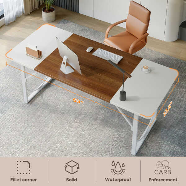 Pinmoco 63" Executive Desk, Lager Writing Desk with Metal Frame, Home and Office, Black with Walnut