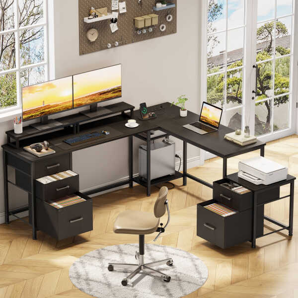 GIKPAL L Shaped Computer Desk, Reversible Gaming Desk with Drawers, Corner Desk with Storage Shelves & Monitor Stand, Home