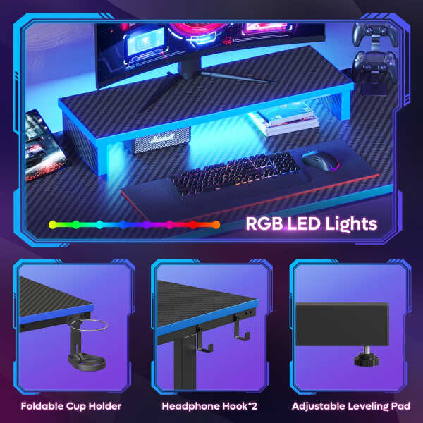 Bestier 42" Gaming Desk PC Computer Office Gamer Table Desk with LED Lights & Monitor Stand in Red