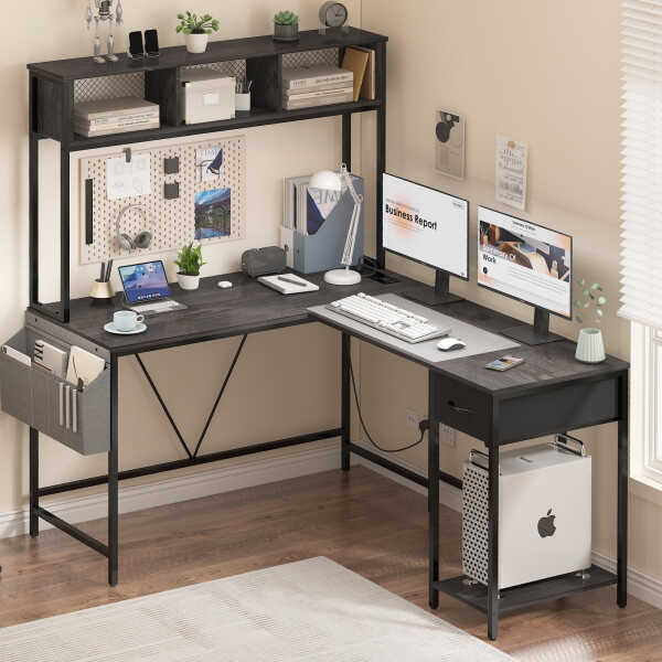 Yoobure 55 inch L Shaped Desk with Power Outlet and LED lights&65292Corner Gaming Desk with Storage Shelf&65292Computer Desk L