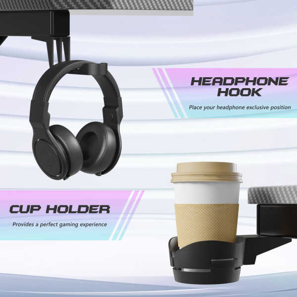 Homall 44 Inches Z-Shaped Gaming Desk Carbon Fiber Surface Desk with Cup Holder & Headphone Hook, Black
