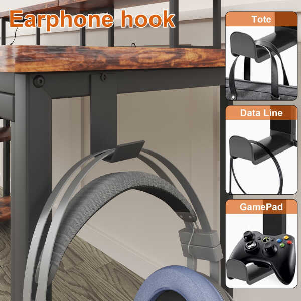 53" Gaming Desk with LED Lights & Power Outlets, Modern Computer Desk with Monitor Stand & Storage Sheves for Home Office, Black