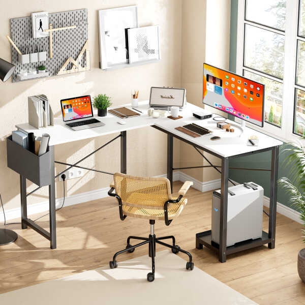 CONCETTA 49 Inch Modern L Shaped Computer Desk with Lower Storage Shelf & Side Bag, Two-Way Convertible Corner Gaming Table for