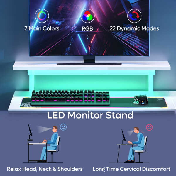 Pinmoco 42" Reversible L-Shaped Gaming Desk with Monitor Stand, LED Lights& Headset Hooks, Home Office, Carbon Fiber Black
