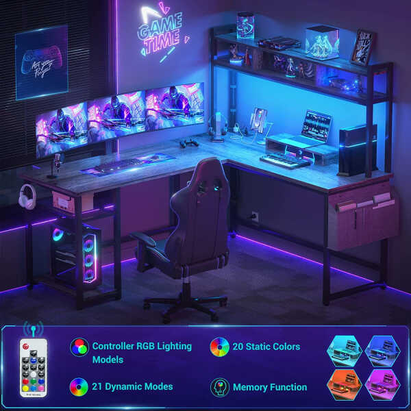 Homieasy L Shaped Desk with Power Outlet & USB Ports, 86.6'' Reversible L-Shaped Gaming Desk with Monitor Stand & LED Strip, 2