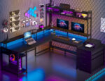 Enhomee L Shaped Desk, Gaming Desks with Power Outlet & LED Light Computer Deskwith Drawers & Storage Shelves Black