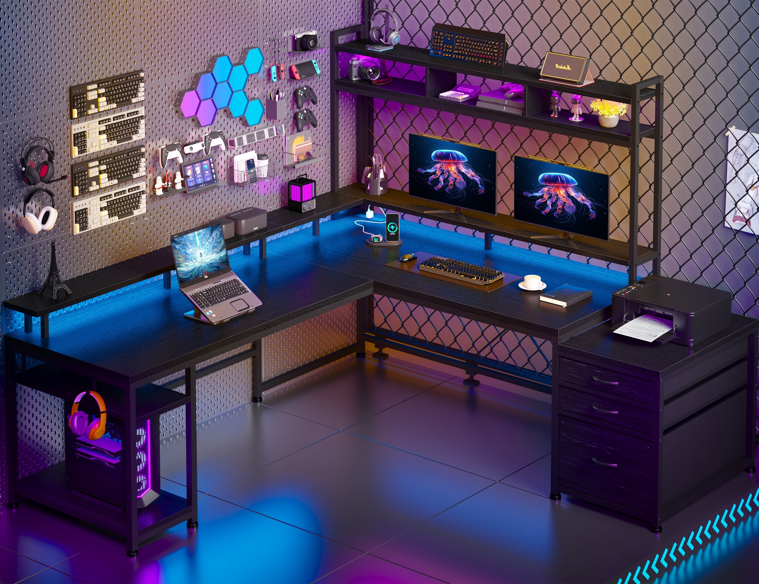 Enhomee L Shaped Desk, Gaming Desks with Power Outlet & LED Light Computer Deskwith Drawers & Storage Shelves Black