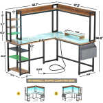 Homieasy L Shaped Desk with Power Outlet and LED lights, Reversible Corner Computer Desk with Hutch and Storage Shelf, Ergonomic