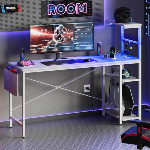 Bestier 61" Reversible Gaming Desk with PC Shelf Computer Desk with LED Light Carbon Fiber