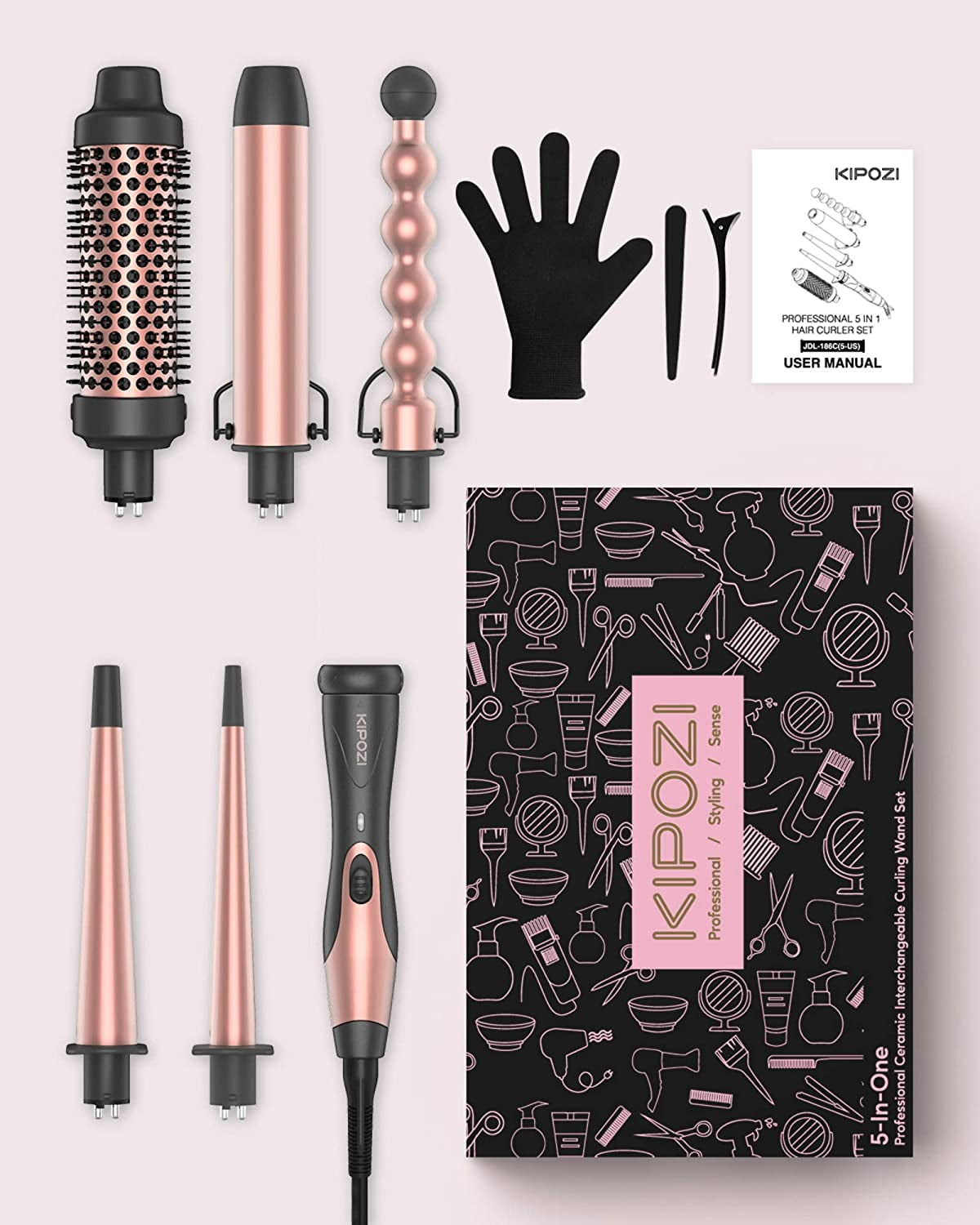 KIPOZI 5 in 1 Curling Iron Wand Set Hair Wand, Instant Heating, with 4 Ceramic Barrels and 1 Curling Iron Brush