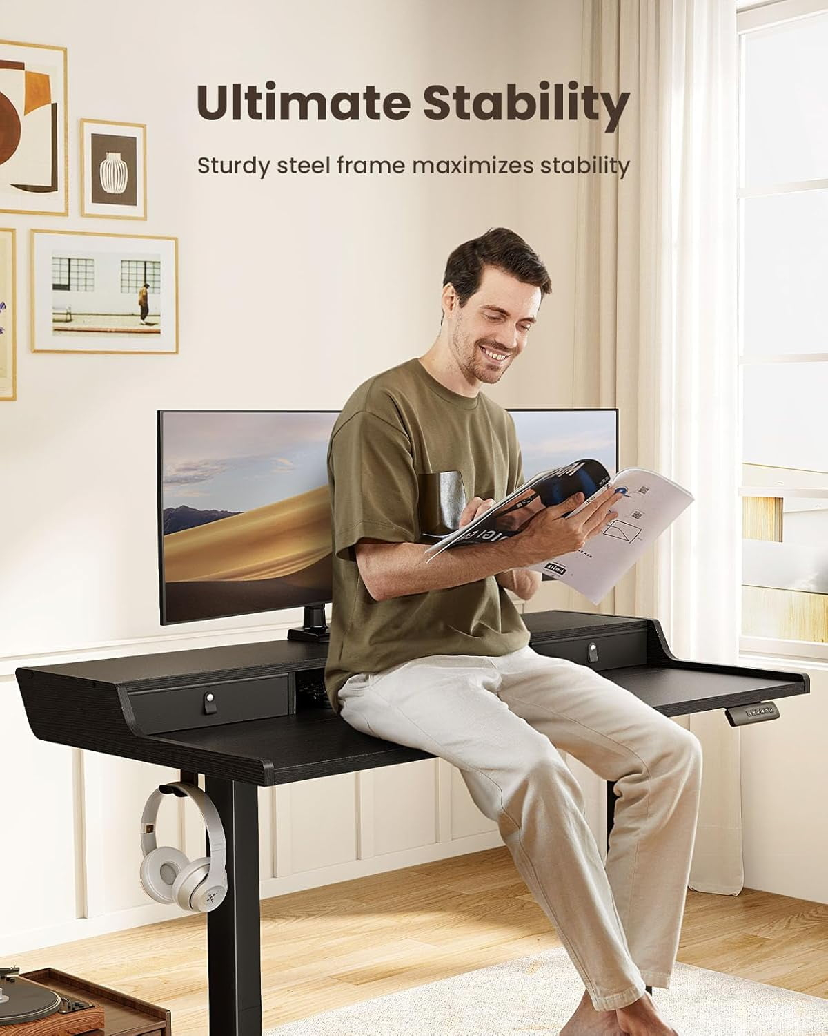 CHITOOMA 63&Prime x 28&Prime Electric Standing Desk with Drawers, Height Adjustable Gaming Desk with Monitor Stand & Storage