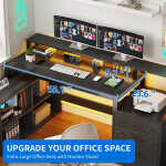 Dextrus 65" L Shaped Desk with Power Outlets and Monitor Stand , Computer Desk with LED Light &File Cabinet, Corner Desk with 3