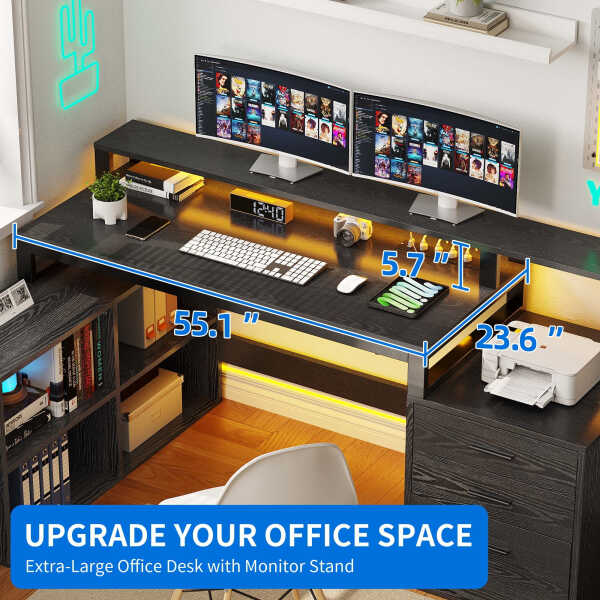 Dextrus 65" L Shaped Desk with Power Outlets and Monitor Stand , Computer Desk with LED Light &File Cabinet, Corner Desk with 3