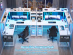 Homieasy L Shaped Desk with Power Outlet and LED lights, Reversible Corner Computer Desk with Hutch and Storage Shelf, Ergonomic