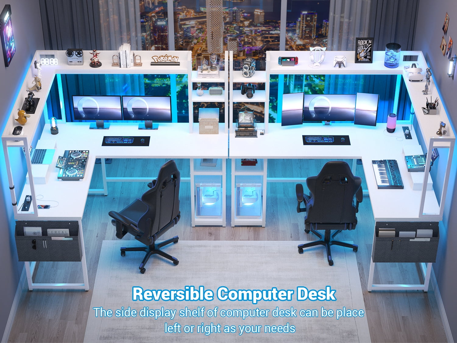 Homieasy L Shaped Desk with Power Outlet and LED lights, Reversible Corner Computer Desk with Hutch and Storage Shelf, Ergonomic