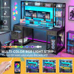 DWVO 59.1"Computer Desk with Power Outlets & Hutch, Office Desk with Storage Shelves & Drawers with Lock, Gaming Desk with LED