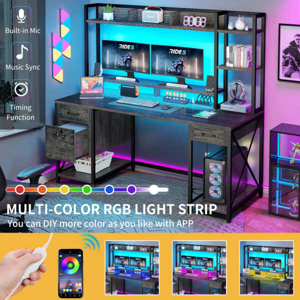 DWVO 59.1"Computer Desk with Power Outlets & Hutch, Office Desk with Storage Shelves & Drawers with Lock, Gaming Desk with LED
