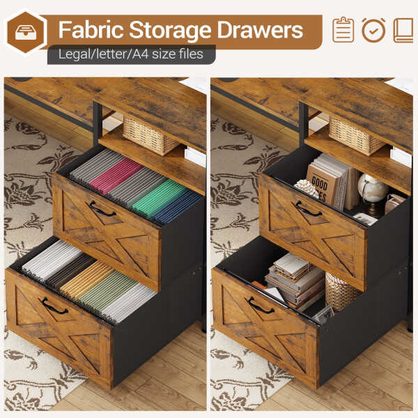 67" L Shaped Desk with Drawers, Computer Office Desk with Storage Shelves & Power Outlet, Reversible Gaming Desk with LED Lights