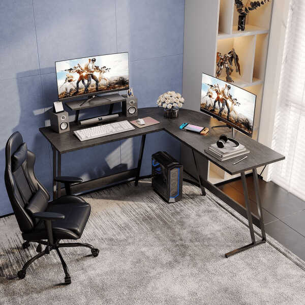 Homall L-Shaped Gaming Desk 51.2 Inches Corner Office Desk with Removable Monitor Riser, Black