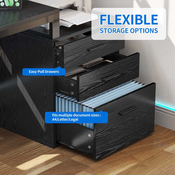 Dextrus 65" L Shaped Desk with Power Outlets and Monitor Stand , Computer Desk with LED Light &File Cabinet, Corner Desk with 3