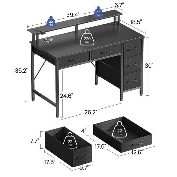 Greenstell 39" Computer Desk with Built-in Outlets & LED, 5-Drawer Office Desk with Monitor Stand, White