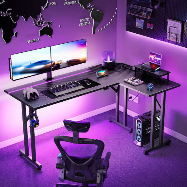 51 inch Gaming Desk with LED Lights & Power Outlet, Gaming Table with Movable Monitort Shelf Kids Desk Gift for Boys Men, Home