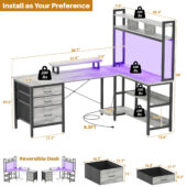 iSunirm L Shaped Gaming Desk with Storage, Computer Gaming Desk with LED Lights & Hutch, Reversible Computer Desk with Power