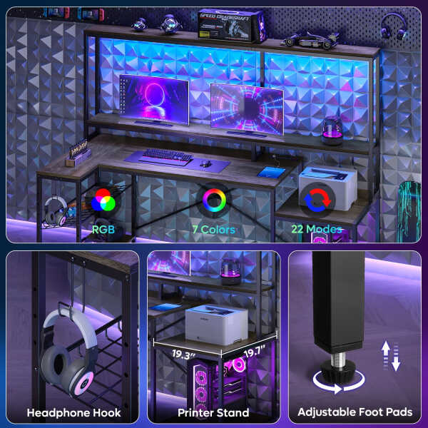 Bestier 71.5 inch Gaming Desk with LED Lights & Power Outlet, L Shaped Computer Desk with Hutch & Adjustable Shelves, Pink 3D