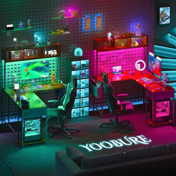 Yoobure 55 inch L Shaped Desk with Power Outlet and LED lights&65292Corner Gaming Desk with Storage Shelf&65292Computer Desk L